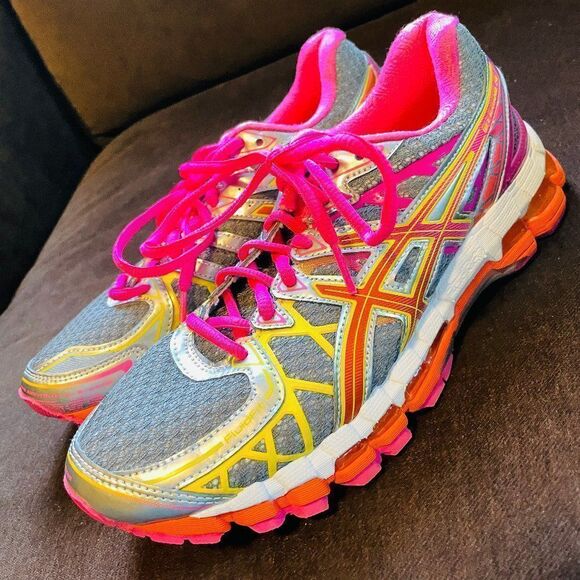 RARE ASICS GEL KAYANO 20 Grey Yellow Pink Orange Womens 7 MEDIUM 38 EUR - Picture 10 of 13